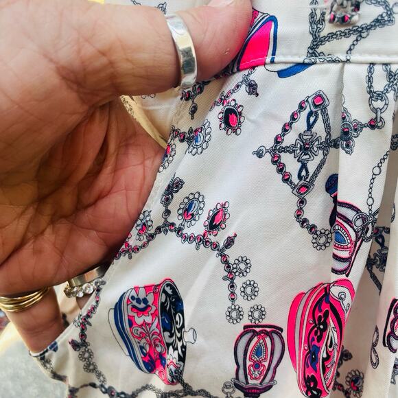 Green & Country Mini Shirt Dress Women's Size 42 White Printed Pintuck Button Up - Picture 6 of 11